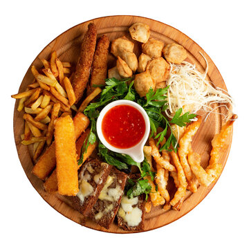 Assorted Fried Snacks Platter with Dipping Sauces, Crispy Appetizers and Fast Food Finger Snacks Served for Party or Casual Dining, Gourmet Food Presentation