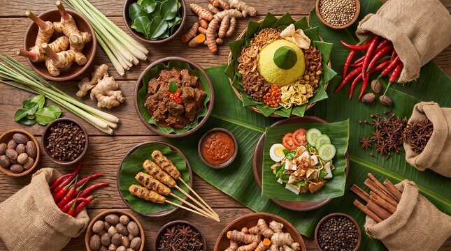 Traditional Indonesian food spread with spices and herbs