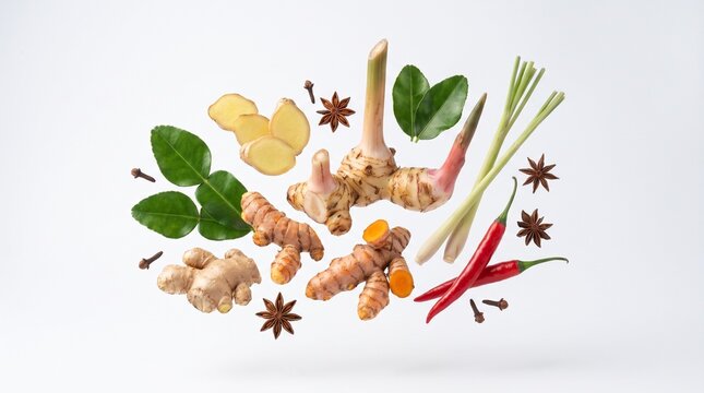 Thai cooking ingredients floating on white background