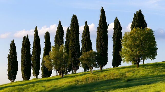 Tall cypress trees stand in a row along a grassy hill under a clear blue sky with scattered white clouds