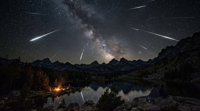 Meteor Shower and Milky Way over Mountain Lake with Campfire.