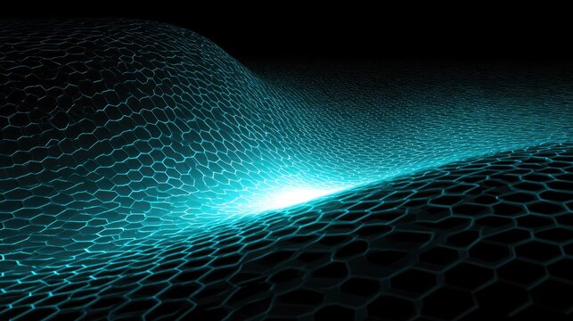 Abstract blue glowing hexagonal mesh surface with light emanating