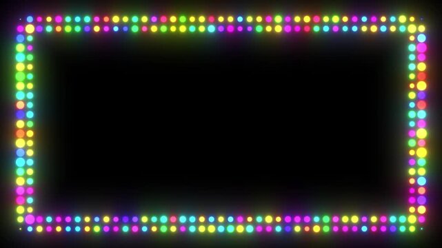 4K String of colorful light bulbs. Looping Christmas holiday themed frame pattern. flashing round lights bokeh, frame. New year, christmas holiday, festival, Anniversary, Celebration, Happy Birthday