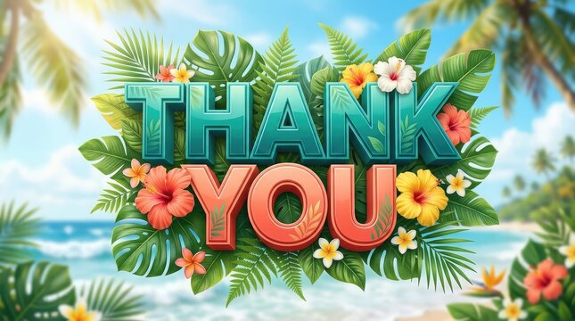 Vibrant tropical thank you message with colorful floral decorations with adorned lush green foliage serene ocean view distance showcases cheerful thank