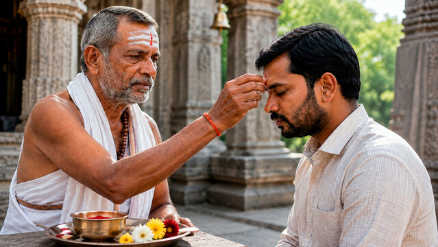 A priest applies a tilak to a man's forehead during a temple service&mdash;a religious ritual symbolizing blessing, devotion, spirituality, and cultural tradition.