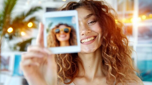 Woman holding phone and smiling while taking selfie in a bright cafe during daytime