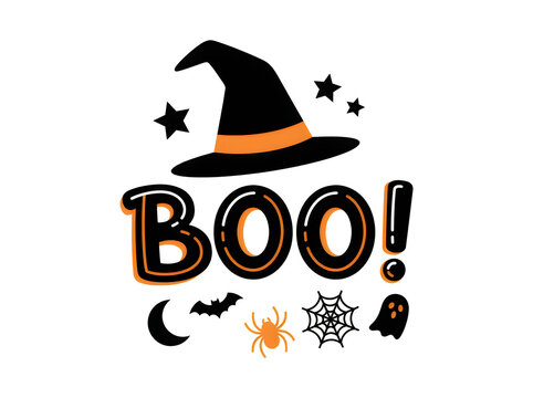 Fun halloween boo greeting with witch hat and spooky icons illustration