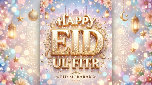Celebratory eid ul fitr greeting with golden text with celebration graphic ornate soft pastel background hanging lanterns stars vibrant eid with culturalcelebration