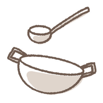 A simple and cute color illustration of a wok and a ladle