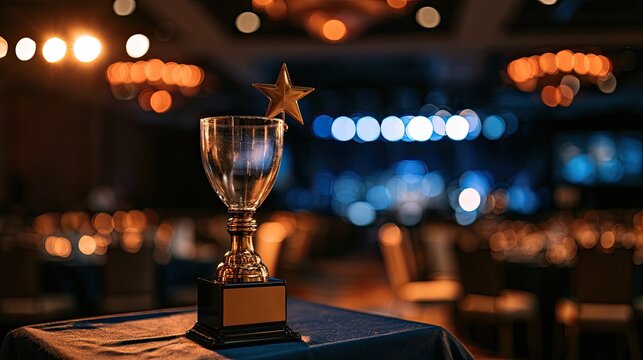 A golden star crowns a trophy on a table, soft lights glow in background