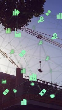 3D icon network with construction site background