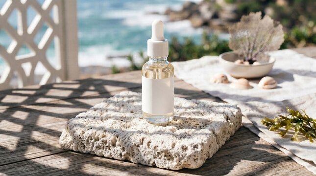 Serum bottle on stone block for skincare product mockup with ocean background