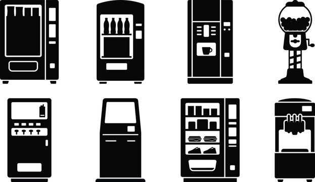 Set of black vending machine and automated retail kiosk vector silhouette icons
