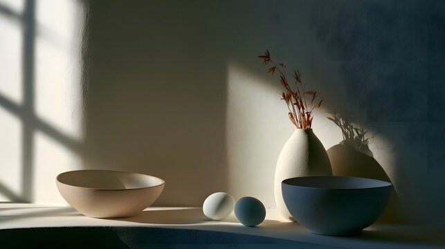 Minimalist still life with ceramic bowls  spherical objects  and dried plant in vase under soft window light