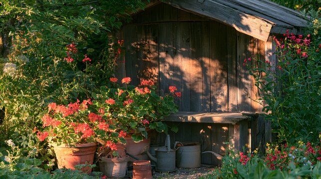 Rustic garden shed bathed in golden light a tranquil countryside retreat overflowing with vibrant blooms