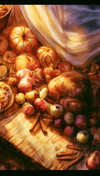 Autumnal Harvest Feast Watercolor Illustration Evokes Warmth Abundance and Cozy Gratitude Stock Photo