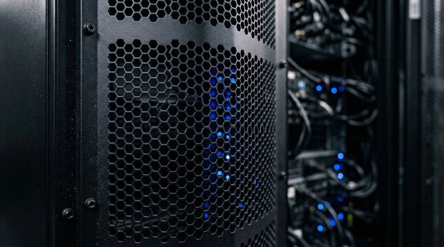 Angled view of black server rack cabinets in a dark data center with blinking blue indicator lights and network cables.