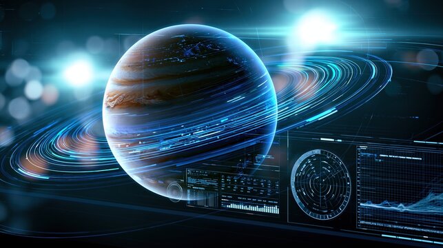 Jupiter planet surrounded by rings and digital interface