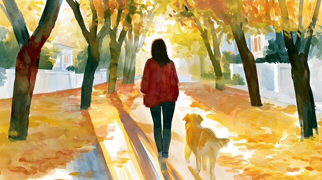 Autumn stroll cozy woman and golden retriever on a peaceful tree lined residential street scene
