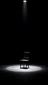 A solitary chair awaits on a darkened stage a moment of quiet reflection and dramatic anticipation