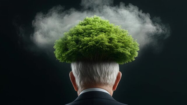 Man with a tree on his head stands against a dark background with a cloud above