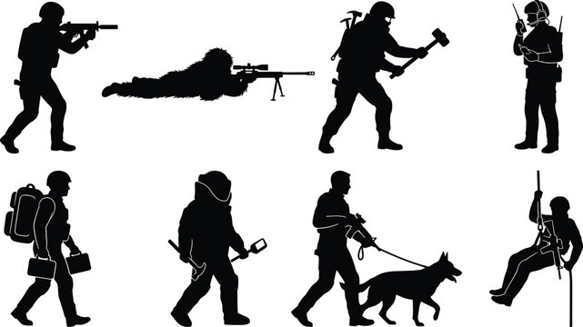 Special Forces and Military Specialist Silhouette Vector Collection with Sniper, Breacher, and K9 Handler