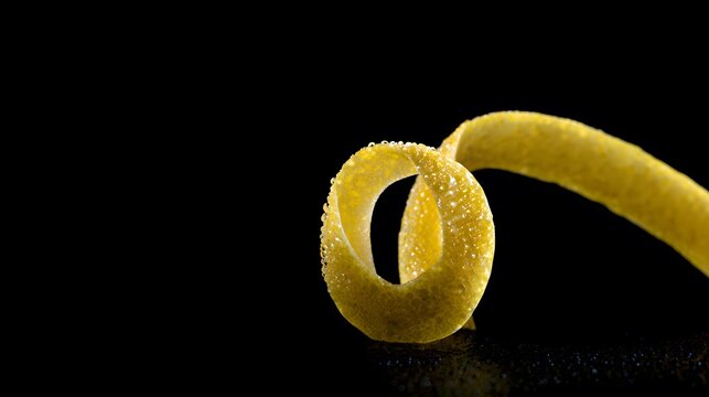 Vibrant lemon twist close up reveals refreshing texture against a dark moody studio backdrop