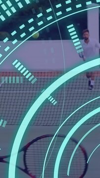 Animation of scope scanning and data processing over caucasian couple playing tennis