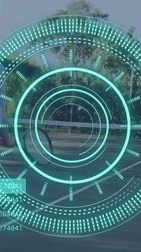 Animation of scope scanning and data processing over caucasian couple playing tennis