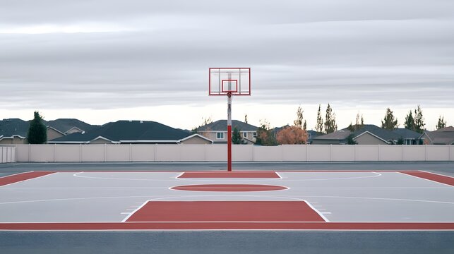 Tranquil suburban basketball court evokes peaceful moments under a softly lit overcast sky