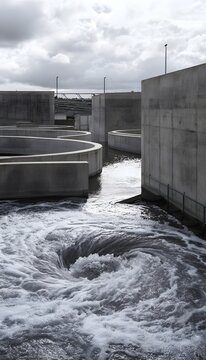 Geometric water treatment plant showcases modern industrial design and serene environmental innovation
