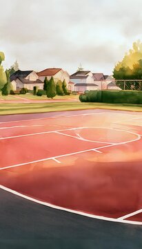 Quiet suburban basketball court watercolor illustration evokes peaceful community recreation golden hour glow