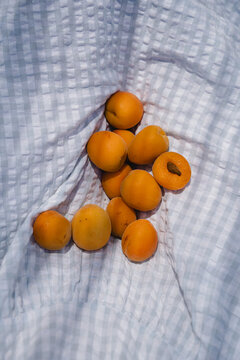 Close Up Of Freshly Harvested Organic Apricots Cradled In Light Blue Plaid Cotton Dress Material