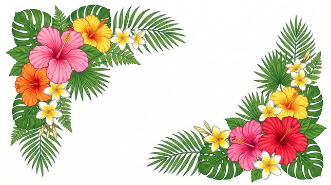 Tropical floral corner frame with hibiscus and plumeria flowers