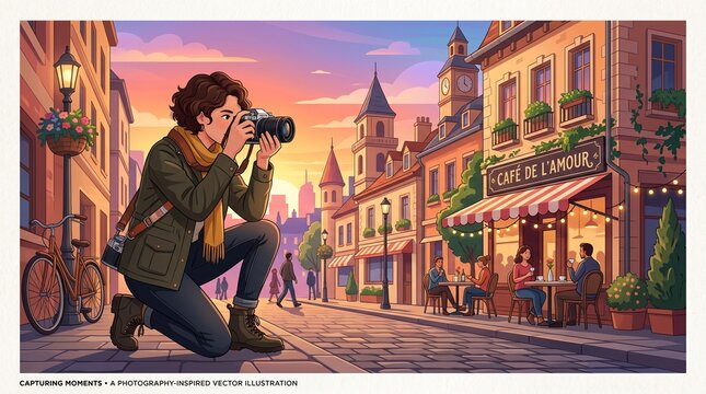 Photographer taking pictures in a charming European street cafe
