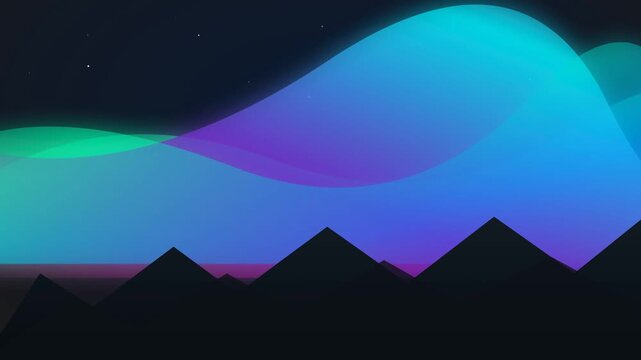Minimalist aurora borealis waves moving over black mountain peaks