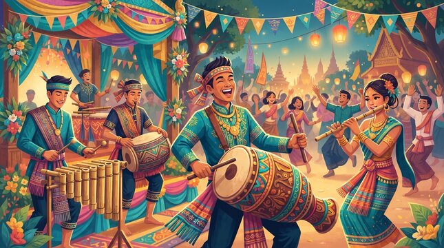 Traditional Southeast Asian festival celebration with music and dance