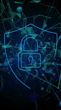 Security padlock icon over plexus networks against black background