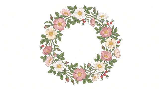 Floral wreath with wild rose flowers and berries