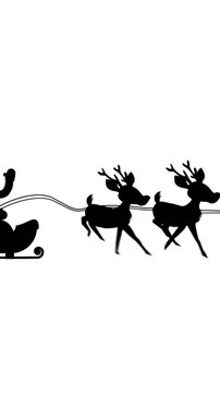 Digital animation of black silhouette of santa claus in sleigh being pulled by reindeers