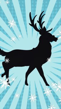 Digital animation of snowflakes falling over silhouette of reindeer walking against spinning lines