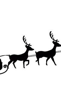 Digital animation of black silhouette of christmas tree in sleigh being pulled by reindeers