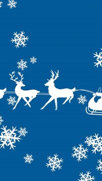Digital animation of snowflakes falling over silhouette of christmas tree in sleigh