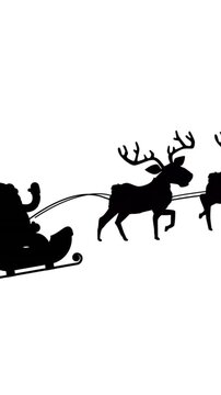 Animation of black silhouette of santa claus in sleigh being pulled by reindeer on white background