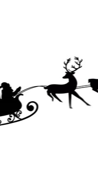 Animated silhouette of Santa and Christmas tree in sleigh on white background.