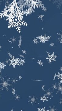 Digital animation of snowflakes falling against spots of light against blue background