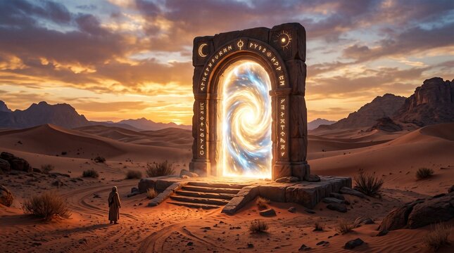 Mysterious desert portal to another dimension at sunset