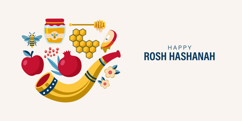 Fototapeta premium Shana Tova poster, banner, background or greeting card with pomegranate, apple, honey, bee, flower in flat design. Vector illustration.Traditional symbols of Rosh Hashanah.