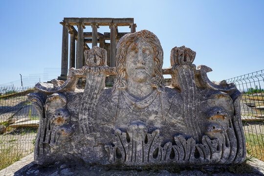 Acroterion in front of Temple of Zeus in Aizanoi Ancient City in Kutahya, Turkiye