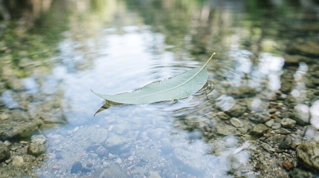 Single green leaf floating on clear stream water